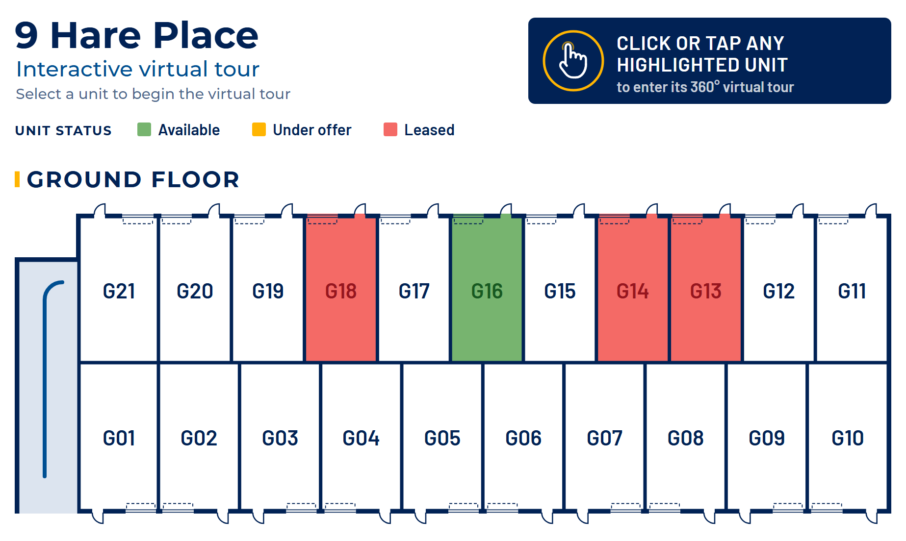 Ground floor plan of 9 Hare Place, units numbered G01 to G21, leased units in red and an available unit in green, with a note to click or tap a unit to enter its 360° virtual tour