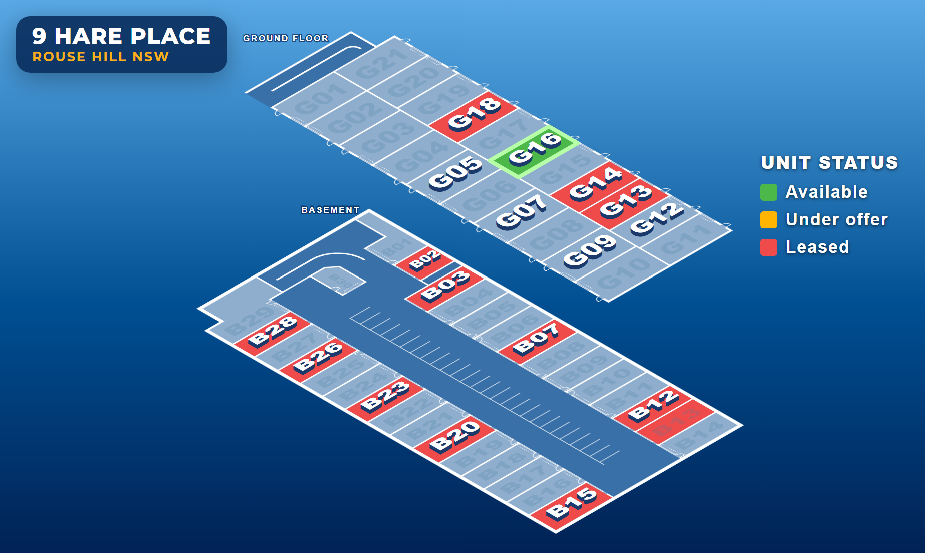 3D floor plan of 9 Hare Place, ground floor and basement, leased units in red and the available unit G16 in green