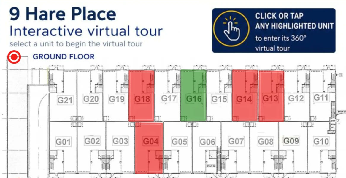 Interactive floor plan of 9 Hare Place, every unit colour coded by availability, with a note to tap a unit to enter its 360 tour